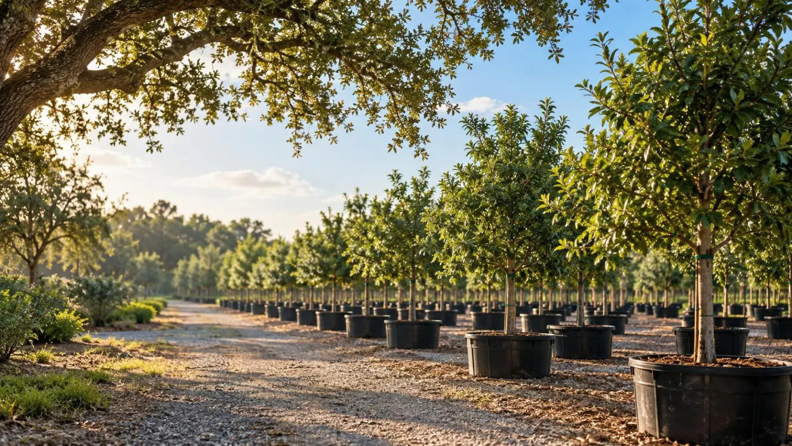 Rows of young container trees in large black nursery pots at a tree farm in morning light