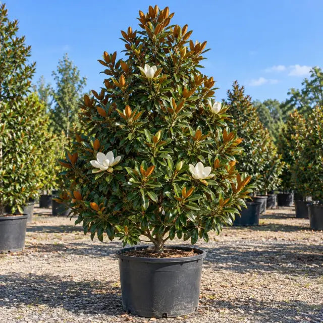 Southern magnolia with glossy leaves and white flowers in a nursery container